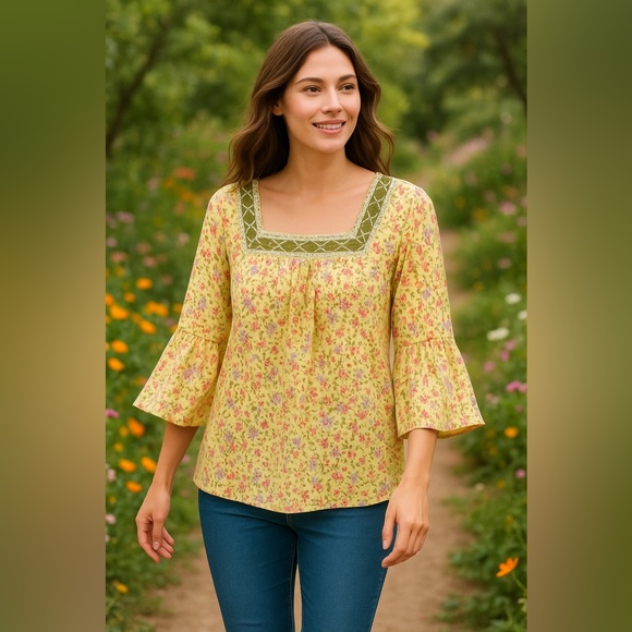 Boho Blooms Yellow Floral Tunic Top The Pioneer Woman Rustic Charm EUC XL #2427 - Picture 2 of 13
